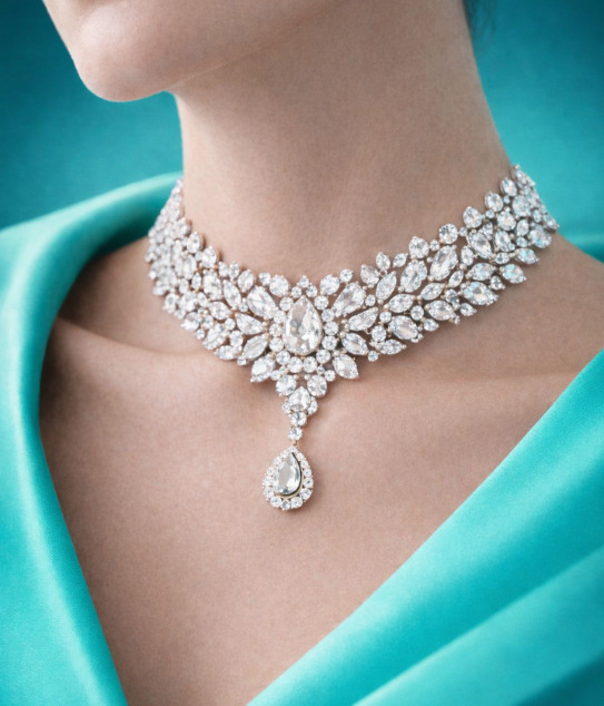 Tulua Diamonds – Multi-Cut Diamond Choker Necklace with Pear Drop Pendant in White Gold, IGI Certified, Kolkata