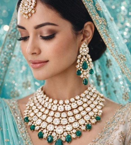 Tulua Diamonds – Indian Bride Wearing Bespoke Diamond and Emerald Bridal Jewellery Set with Maang Tikka, Kolkata