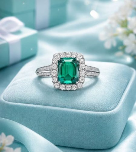 Tulua Diamonds – Emerald Cut Green Gemstone Diamond Halo Ring in White Gold, IGI Certified, Kolkata