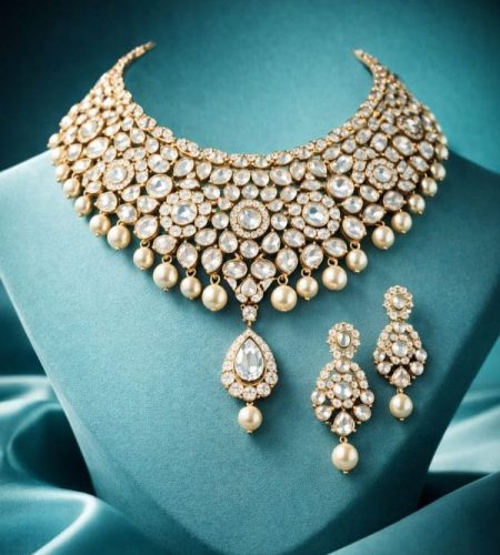 Tulua Diamonds – Bespoke Polki Diamond Bridal Necklace and Earring Set in Gold with Pearl Drops, Kolkata